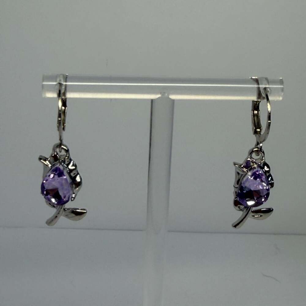 Stainless Steel Silver Tone Purple Faux Crystal Rose Dangle Leverback Earrings